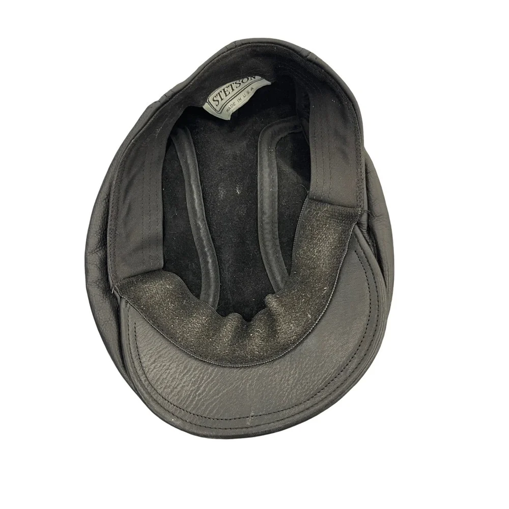 Vintage Stetson Black Leather Newsboy Cap USA Made Ivy Flat Cap Cabbie Hat L/XL